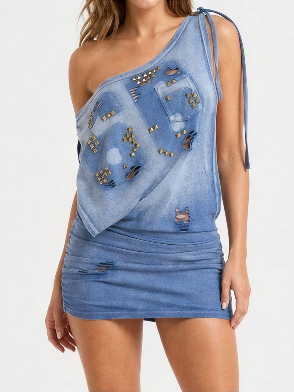 JADED LONDON Route 66 Distressed Backless Studded Dress, Blue, 6 (US)